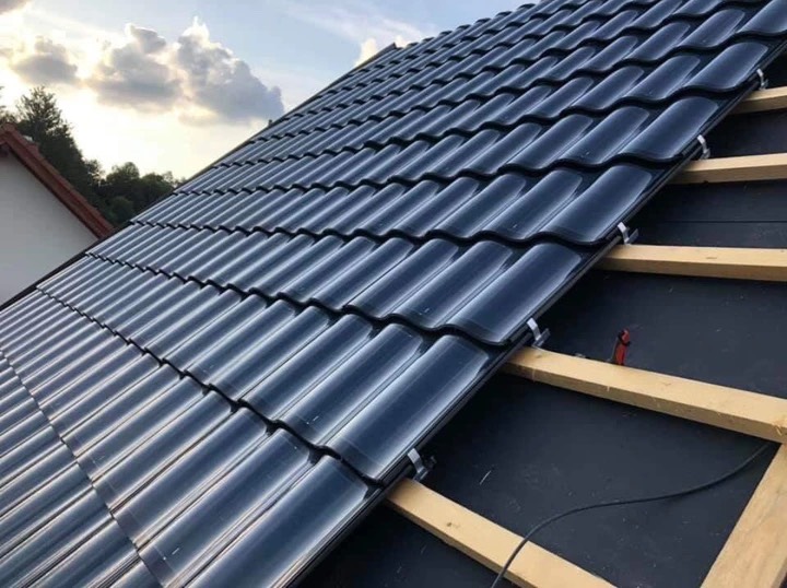 image of a white man with helmet installing a solar roofing sheet